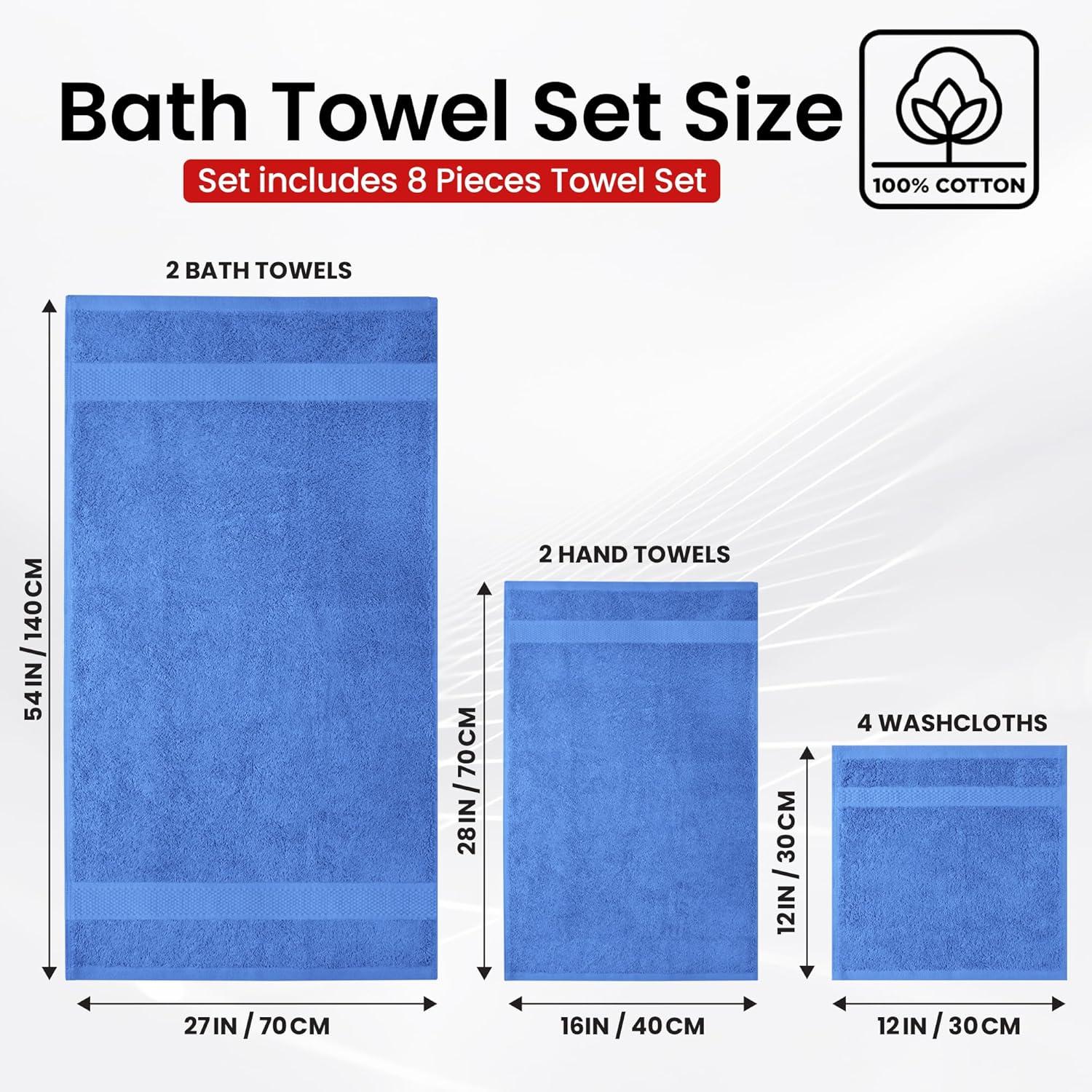 imageInfinitee Xclusives Luxury 100 Cotton Towel Set 8 Piece Bathroom Towel Set 2 Bath Towels 2 Hand Towels 4 Washcloths Soft ampamp Absorbent Towels for Bathroom Tranquil NavyEloquent Blue