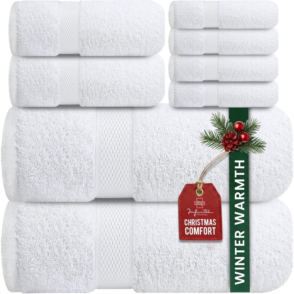 imageInfinitee Xclusives Luxury 100 Cotton Towel Set  8 Piece Bathroom Towel Set 2 Bath Towels 2 Hand Towels 4 Washcloths  Soft ampamp Absorbent Towels for Bathroom Tranquil NavyBrilliant White