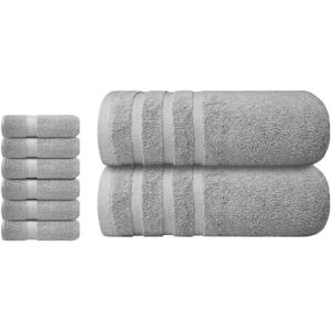 Infinitee Xclusives Gray Towel Bundle – Hand Towels Set of 6 (16×28 inches) – Luxury Bath Towels Set of 2 (27×54 Inches)
