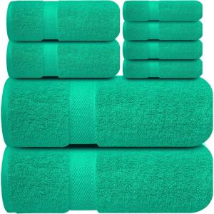 Infinitee Xclusives Luxury 100% Cotton Towel Set – 8 Piece Bathroom Towel Set (2 Bath Towels, 2 Hand Towels, 4 Washcloths) – Soft & Absorbent Towels for Bathroom (Tranquil Navy)(Vivid Green)