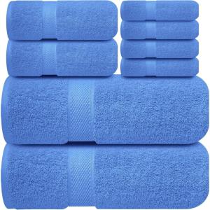 Infinitee Xclusives Luxury 100% Cotton Towel Set – 8 Piece Bathroom Towel Set (2 Bath Towels, 2 Hand Towels, 4 Washcloths) – Soft & Absorbent Towels for Bathroom (Serene Teal)(Eloquent Blue)