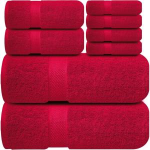 Infinitee Xclusives Luxury 100% Cotton Towel Set – 8 Piece Bathroom Towel Set (2 Bath Towels, 2 Hand Towels, 4 Washcloths) – Soft & Absorbent Towels for Bathroom (Serene Teal)(Burgundy)
