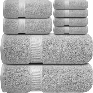 Infinitee Xclusives Luxury 100% Cotton Towel Set – 8 Piece Bathroom Towel Set (2 Bath Towels, 2 Hand Towels, 4 Washcloths) – Soft & Absorbent Towels for Bathroom (Serene Teal)(Charming Grey)