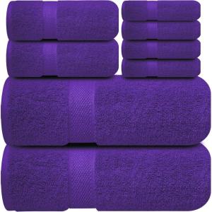 Infinitee Xclusives Luxury 100% Cotton Towel Set – 8 Piece Bathroom Towel Set (2 Bath Towels, 2 Hand Towels, 4 Washcloths) – Soft & Absorbent Towels for Bathroom (Tranquil Navy)(Profound Purple)