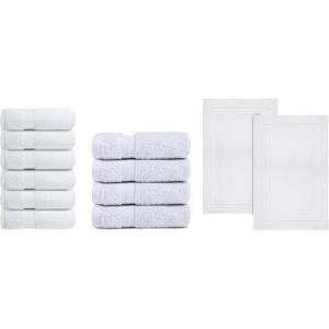 Infinitee Xclusives Luxury White Bathroom Set – 6 Hand Towels (16×28) + 4 Washcloths (13×13) + 2 Bath Mats – 600 GSM 100% Cotton Soft, Absorbent & Quick-Drying Towels and Mats for Home & Spa