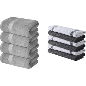 Infinitee Xclusives Pack of 4 Grey Bath Towels + Pack of 6 Kitchen Towels – 100% Cotton Terry Towels for Luxury Hotel and Spa Quality