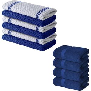 Infinitee Xclusives Pack of 4 Navy Bath Towels + Pack of 6 Blue Kitchen Towels – 100% Cotton Terry Towels for Luxury Hotel & Spa Quality