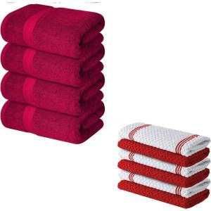 Infinitee Xclusives Pack of 4 Red Bath Towels + Pack of 6 Red Kitchen Towels – 100% Cotton Terry Towels for Luxury Hotel & Spa Quality