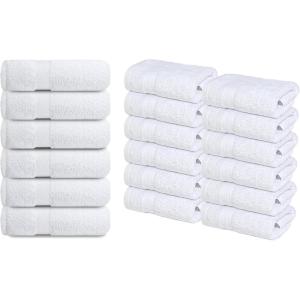 Infinitee Xclusives Premium White Hand Towels 6 Pack, 16×28 Inches, Hotel and Spa Quality + Washcloths Set – Pack of 12, 13×13 Inches 100% Cotton Wash Cloths for Your Body and Face Towels