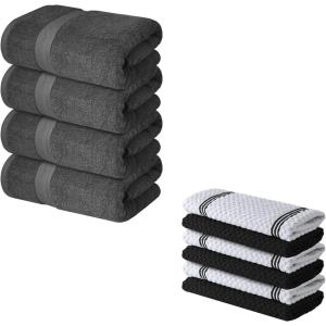 Infinitee Xclusives Pack of 4 Dark Grey Bath Towels Pack of 6 Black Kitchen Towels – 100% Cotton Terry Towels for Luxury Hotel & Spa Quality