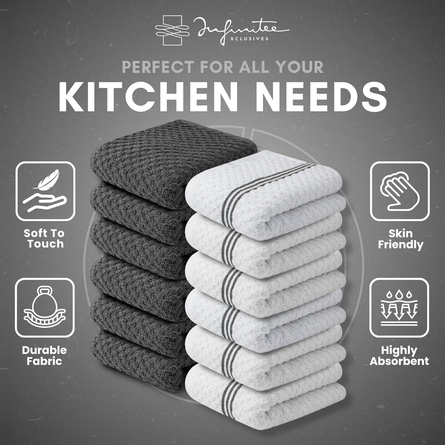 imageInfinitee Xclusives MultiPack Bundle of Grey Kitchen Towels Includes 6 amp 12 Pack Soft Absorbent Cotton Tea Towels