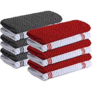 Infinitee Xclusives Kitchen Towels Bundle – Pack of 6 Grey + Pack of 6 Red – Soft Absorbent Cotton Dish & Cleaning Towels Set
