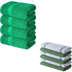 Infinitee Xclusives Pack of 4 Green Bath Towels + Pack of 6 Green Kitchen Towels – 100% Cotton Terry Towels for Luxury Hotel & Spa Quality