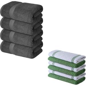 Infinitee Xclusives Pack of 4 Grey Bath Towels + Pack of 6 Kitchen Towels – 100% Cotton Terry Towels for Luxury Hotel & Spa Quality