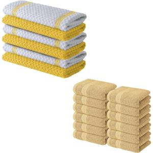 Infinitee Xclusives Premium Yellow Kitchen Towels [Pack of 6] 15 x 25 Inches 100% Cotton Highly Absorbent, 12 Pack Premium Beige Wash Cloths and Face Towels, 13×13 100% Cotton