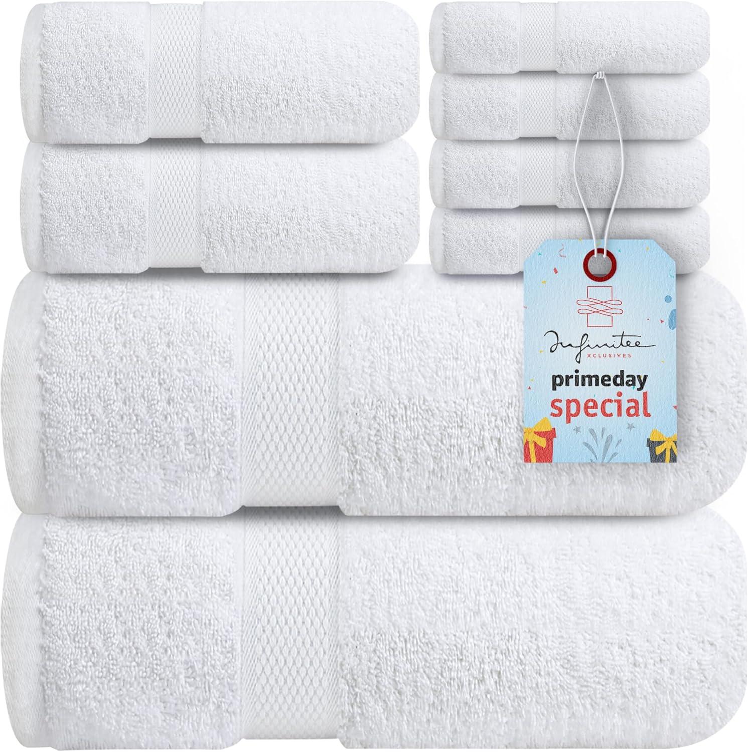 imageInfinitee Xclusives Premium White Bath Towels Set Pack of 8 100 Cotton Highly Absorbent 2 Bath Towels 2 Hand Towels and 4 Washcloths Cotton Banded White Bath Mats Pack of 2