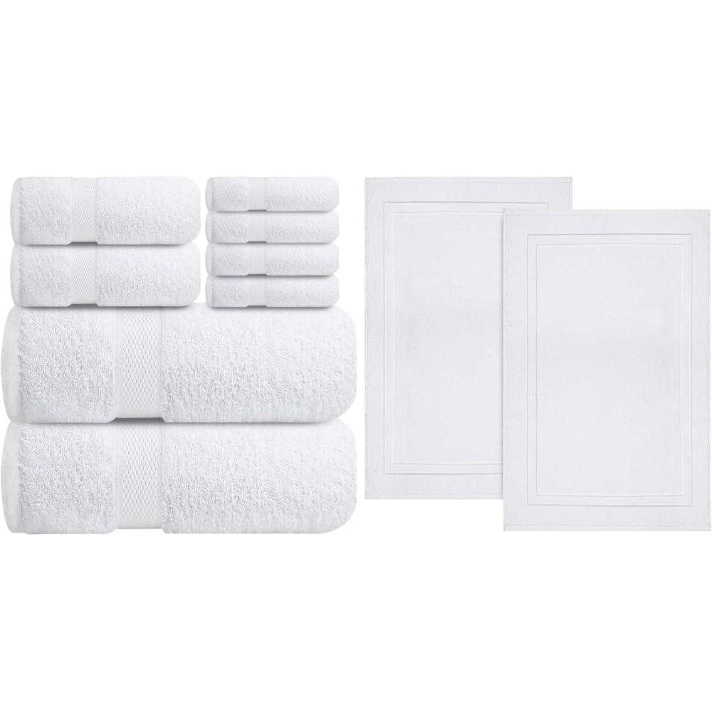 imageInfinitee Xclusives Premium White Bath Towels Set Pack of 8 100 Cotton Highly Absorbent 2 Bath Towels 2 Hand Towels and 4 Washcloths Cotton Banded White Bath Mats Pack of 2