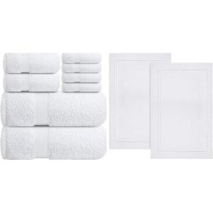 Infinitee Xclusives Premium White Bath Towels Set – [Pack of 8] 100% Cotton Highly Absorbent 2 Bath Towels, 2 Hand Towels and 4 Washcloths + Cotton Banded White Bath Mats – Pack of 2