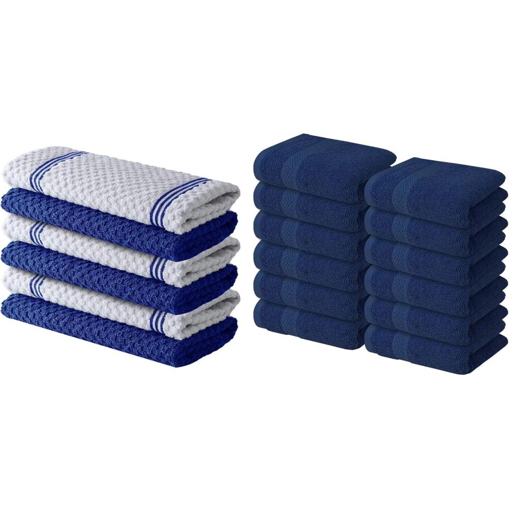 imageInfinitee Xclusives Premium Blue Kitchen Towels Pack of 6 100 Cotton 15 x 25 Inches Absorbent Dish Towels Washcloths Set Pack of 12 13x13 Inches 100 Cotton Wash Cloths