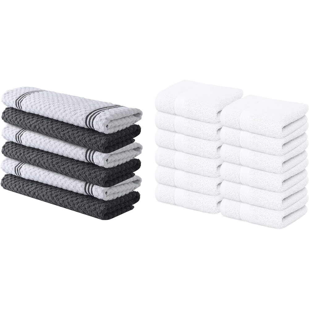 imageInfinitee Xclusives Kitchen Towels amp Washcloths Set 18 Pack 100 Cotton Grey amp White 15x25 Inches 13x13 Inches Durable Machine Washable