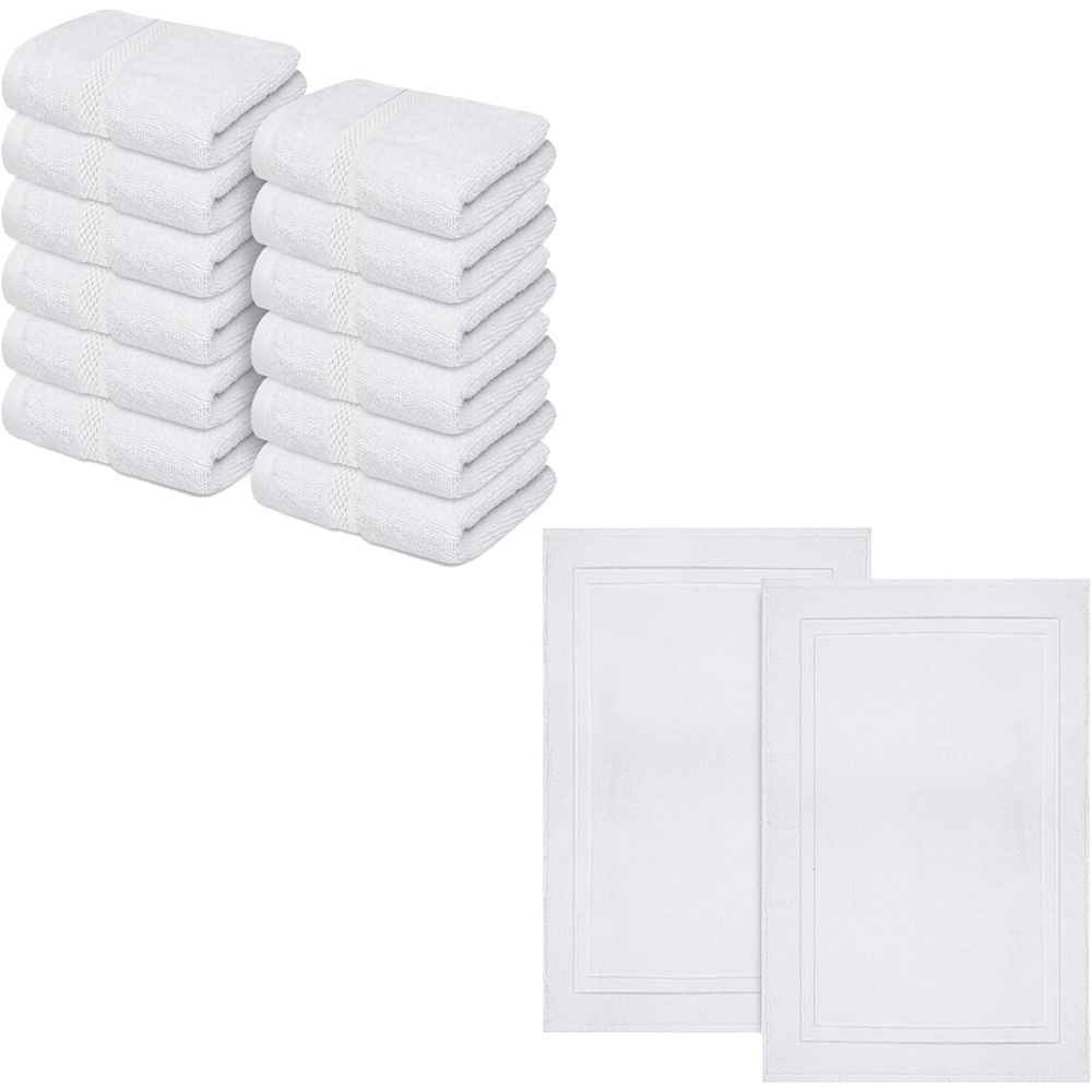 imageInfinitee Xclusives 12 Pack Premium White Wash Cloths and Face Towels 13x13 100 Cotton  Cotton Banded White Bath Mats  Pack of 2 22x34 Inches Not a Bathroom Rug